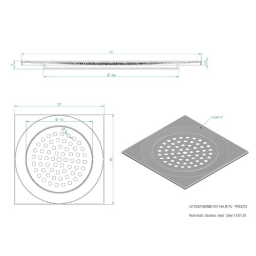 197x197 Lattiakaivon kansi pisla teräs harjattu RST
